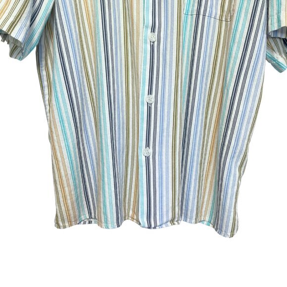Trust Mens Shirt Size XL Linen Blend Button Up Blue Striped Short Sleeve Preppy - Picture 3 of 10